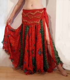 Bollywood 05 : Wijde multicolor cirkelrok met 2 splitten rood groen - Bellywood