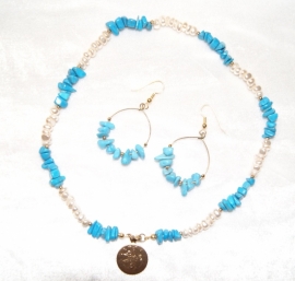 Juwelen Setje van halssnoer + oorbellen TURQUOISE en PAREL kleur