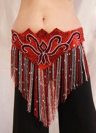 Fully sequinned 5-piece bellydance costume RED SILVER, beaded fringe decorated