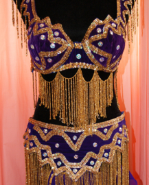 Crystal16 - 5-piece bellydance costume on PURPLE velvet, Swarovsky crystals, golden beads + sequins decorated