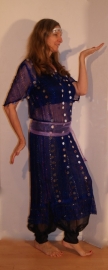 S M - 3-piece Cleopatra set : transparent net dress ROYAL BLUE + matching hip shawl + headband