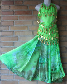 Luxury belly dance costume girl : Full circle bellydance skirt with 2 slits BRIGHT GREEN + Top + Hip belt + Head band