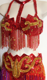 5-delig buikdanskostuum ROOD GOUD  met pailletten, kralen en kralenfranje + rok/sluier kleur naar keuze - Fully sequinned 5-piece bellydance costume RED GOLD