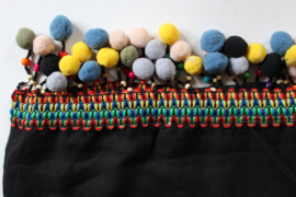 200 cm x 65 cm -  Soft, Lightweight BLACK Bohemian hippy shawl rectangle with MULTICOLOR band, beads and pompoms decorated