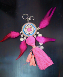 XL - Key ring NEON BRIGHT PINK FUCHSIA and ORANGE with tassels, Cowry shells and feathers