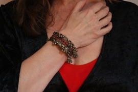 Tribal fusion bracelet OLD SILVER color, with red stones inlay