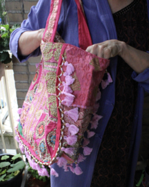 Banjari Indian Bohemian Hippy Tote Bag, LIGHT PINK2 FUCHSIA GOLD, embroidered patchwork with tassels and beads