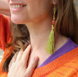 Flexible, Extra Long earrings with colored tassels and 1 big bead :  RED, BLUE