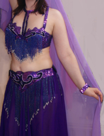 Fully sequinned 6-piece bellydance costume PURPLE SILVER, beaded fringe decorated