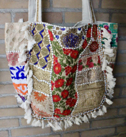 Patchwork Banjara Boho India hippie tas tote bag WIT11 GOUD ORANJE parels bloemen met kwastjes en kraaltjes