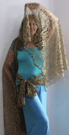 BLACK, rectangular, lace veil, GOLDEN flowers embroidered + matching hip shawl /headband - 240 cm x 105 cm