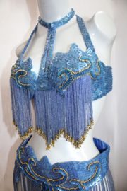 5-piece professional Bellydance Show costume, fully sequinned, BLUE GOLD long beaded fringe decorated