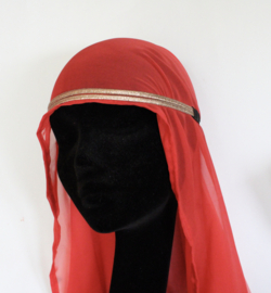 1001 Night harem veil, 2-pce set: Bicolor rectangle veil chiffon gradient from RED to soft red + COPPER-GOLDEN headband