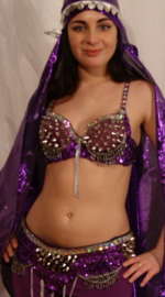 Tribalicious 2-pce costume : fully sequinned BRA + hipbelt  PURPLE SILVER, studs and chains decorated