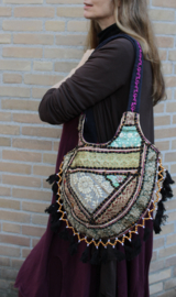 Unieke Boho hippie chic Volle Maan handtas patchwork kwastjes borduursel met rits ZWART GOUD BORDEAUX TURQUOISE schoudertas - 38 cm x 29 cm