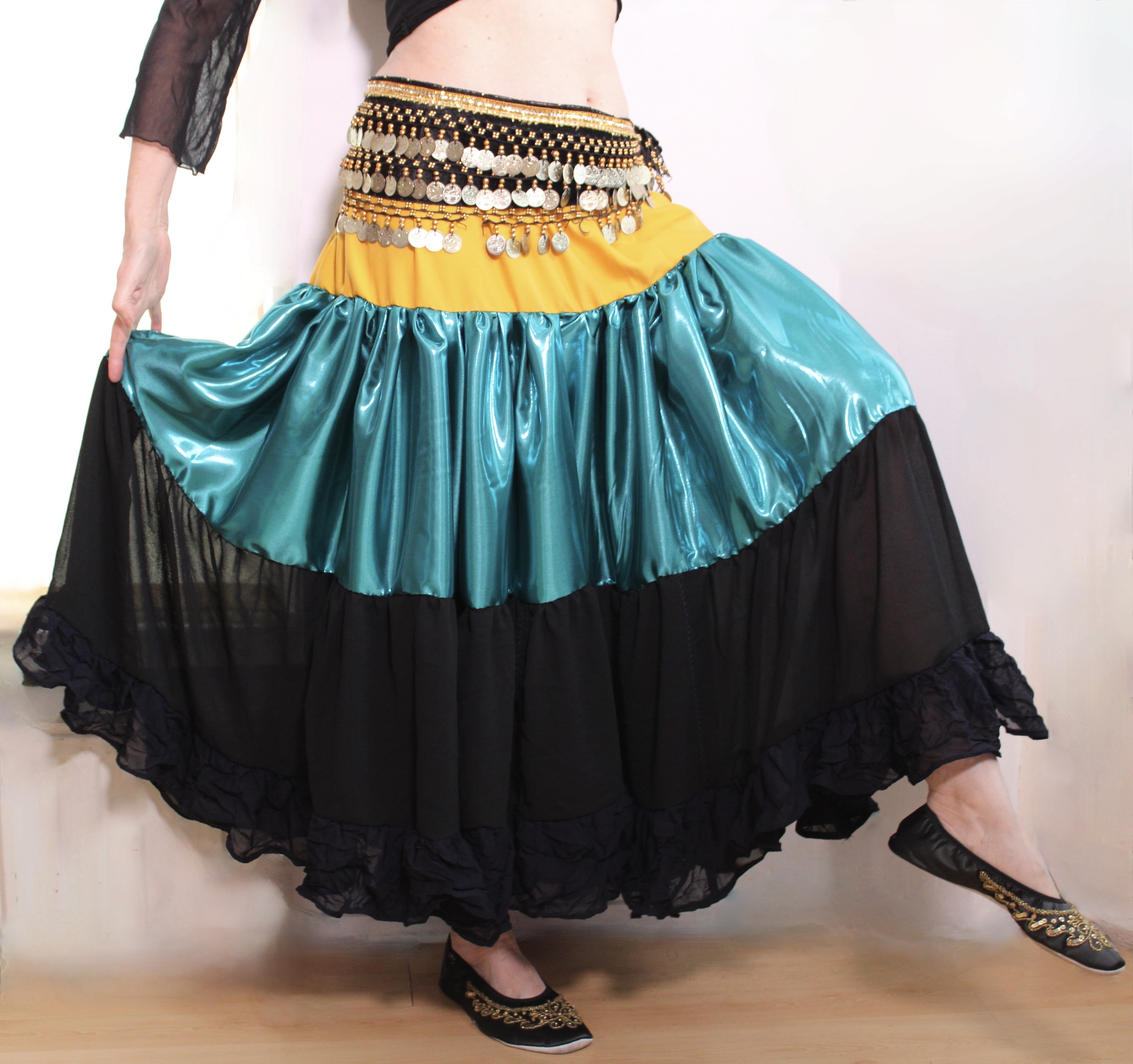 MULTICOLORED Ruffled skirt SAFFRON YELLOW, TURQUOISE AQUA BLUE and BLACK - fits M Medium, L Large, XL Extra Large, XXL