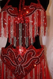 Fully sequinned 5-piece bellydance costume RED SILVER, beaded fringe decorated