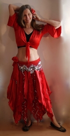 M L XL XXL - 2-piece Gypsy set RED SILVER skirt + veil chiffon and satin, silver sequins embroidered