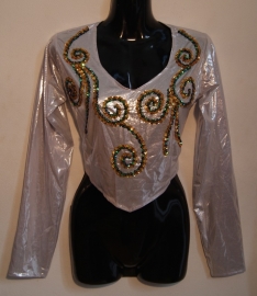 one size - Shiny top SILVER decorated with BLUE-GREEN beads and sequins