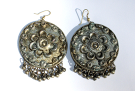 Tribal fusion circle earrings Boho Ibiza Hippy chick, flowers decorated, little bells at the bottom rim
