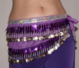 Basic hipbelt for bellydancers, SILVER beads, coins and leaves decorated. PURPLE LILAC hip shawl, SILVER Glitterband decorated