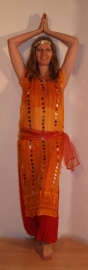 3-delig Cleopatra ensemble : transparante netjurk/tuniek oranje-GEEL + bijpassend heupsjaaltje + hoofdbandje met muntjes - S M L XL - 3-piece Cleopatra set : transparent net dress orange-YELLOW + matching hip shawl + head