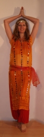 S/M , Large -3-piece Cleopatra set : transparent net dress orange-YELLOW + matching hip shawl + headband