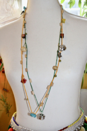 2-piece necklace set, one YELLOW, one GREEN: crocheted necklace with a variety of wooden beads, turquoise beads, shell, fish and a bell