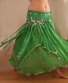 Small Medium - Oriental bellydance skirt, tulip shaped, GREEN, SILVER rimmed