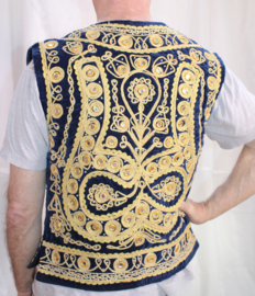 S Small / M Medium - oriental Men's Waistcoat NAVY BLUE velvet with curly GOLDEN band embroidery and mirrors - Gilet 1001 Nuits homme