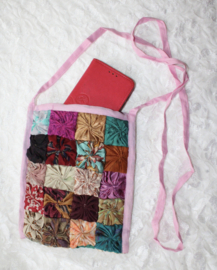 Soft multicolored Bohemian party purse, squares decorated - 23 cm x 17 cm