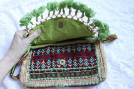 23 cm x 13 cm x 6 cm - One of a kind Bohemian hippy chic purse patchwork GREEN3 GOLD OLIVE RED DEEP PURPLE tassels