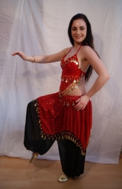 Harem2 - S, XS, XXS - 3-piece harem costume RED GOLD : headband + top + skirt all coins decorated