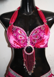 Pailletten en kralen bh halter model FUCHSIA ZILVER met satijn en ring versiering - Maat 34 / 36 -  Size 34 / 36