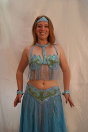 Fully sequinned 7-pce bellydance costume TURQUOISE GOLD IRIDISCENT -  "Cool Blue" Costume sequins pour la danse orientale 5-pièces TURQUOISE DORÉ