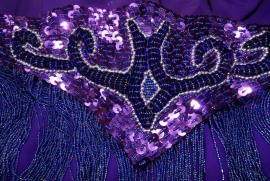 Fully sequinned 6-piece bellydance costume PURPLE SILVER, beaded fringe decorated