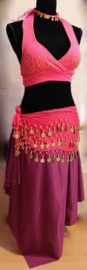 one size - Harem costume 4-piece : headband + Bra top FUCHSIA GOLD + belt + skirt + coinbelt + 2 slit- 4- points skirt  PURPLE