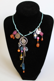 Fantasy 2 - Fantasy Necklace MULTICOLOR, SOFT PINK , TURQUOISE, SOFT BLUE, SILVER with coins, ring and beads