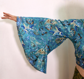 Zijden wikkeltopje met wijd uitlopende trompetmouwen TURQUOISE India - one size fits S, M, L, XL