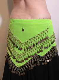 3 points Coinbelt FLUORESCENT GREEN velvet, GOLDEN beads and coins decorated - G19