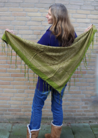 OLIVE GREEN triangular shawl with fringe, coins and bells