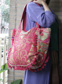 Patchwork Banjari Indian Bohemian Tote Bag strandtas FUCHSIA ROZE10 met rijkelijk GOUDEN borduursel