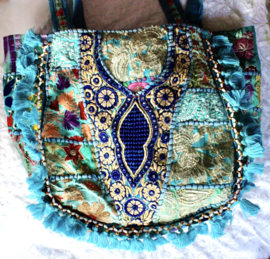 Patchwork Banjara Boho India hippie tas tote bag strandtas TURQUOISE5 GOUD BLAUW, bloemetjes, met kwastjes en kraaltjes