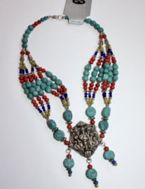 Necklace Boho6  Ganesh- Ganesh pendant, Boho hippy chick necklace SILVER color, RED, BLUE and TURQUOISE beads decorated