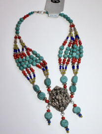 Necklace Boho6  Ganesh- Ganesh pendant, Boho hippy chick necklace SILVER color, RED, BLUE and TURQUOISE beads decorated