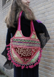38 cm x 29 cm - One of a kind Bohemian hippy chic Full Moon patchwork bag FUCHSIA2 PINK BLACK YELLOW BURGUNDY MULTICOLORED