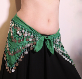 4-points Coinbelt on GRASS GREEN chiffon, crochet decoration with SILVER beads and coins