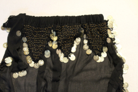 Harembroek chiffon transparant ZWART met zijsplit, haakwerk en GOUDEN muntjes - one size fits 34/ 36 /38