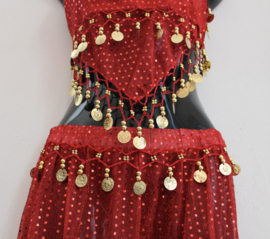 Harem2 - S, XS, XXS - 3-piece harem costume RED GOLD : headband + top + skirt all coins decorated