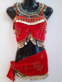 one size fits S, M, L - 2-piece set velvet: top + coinbelt RED , DOLDEN beads and coins decorated